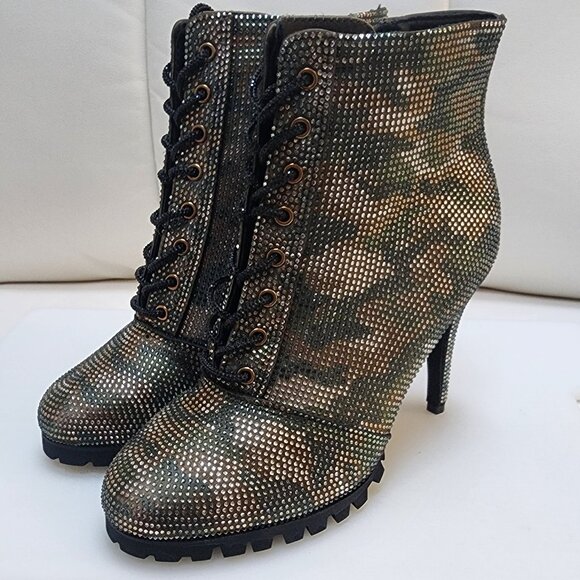 GLAM CAMO Crystal Studded Lug Sole Combat Stiletto Heel Boots - Size 10 LIKE NEW - Picture 1 of 10